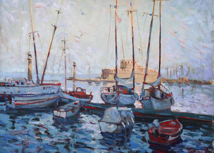 Boats Greeting Card featuring the painting Boats in Rhodes Greece #2 by Ylli Haruni