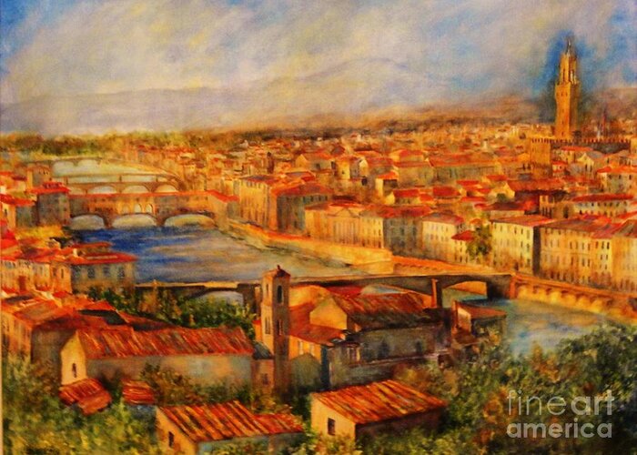 Bridges Of Florence Greeting Card featuring the painting Bridges Of Florence by Dagmar Helbig