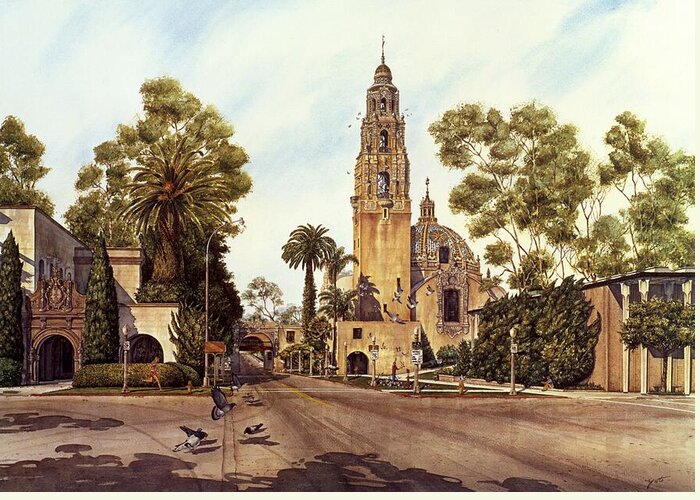 San Diego Paintings Greeting Card featuring the painting San Diego, Balboa Park, CALIFORNIA TOWER by John YATO