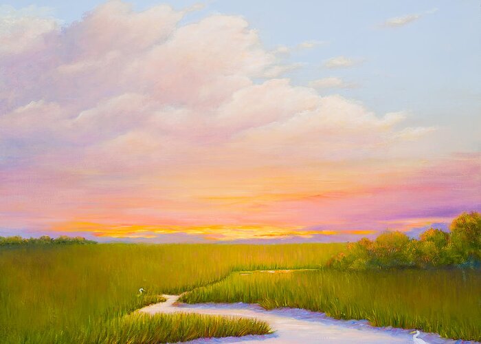Coastal Colors Over A Southern Marsh.brilliant Pink And Yellow In The Sky And A Green Marsh Greeting Card featuring the painting Carolina Glow by Audrey McLeod