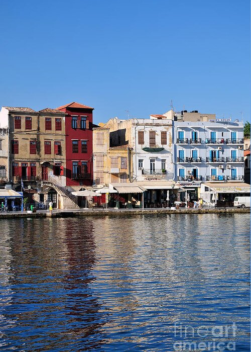 Chania; Hania; Crete; Kriti; Town; Old; City; Port; Harbor; Venetian; Greece; Hellas; Greek; Hellenic; Islands; Morning Light; Sea; Reflection; Reflections; Island; Color; Colorful; Hotels; Taverns; Restaurants; Holidays; Vacation; Travel; Trip; Voyage; Journey; Tourism; Touristic; Summer; Blue; Sky Greeting Card featuring the photograph Chania city #7 by George Atsametakis
