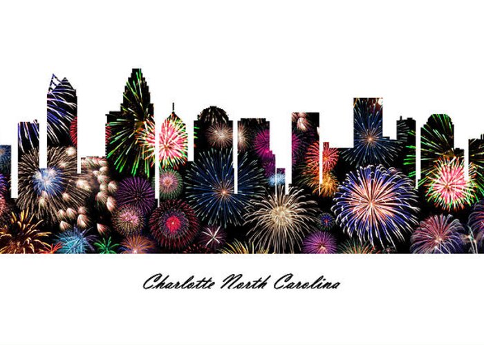 Fine Art Greeting Card featuring the digital art Charlotte North Carolina Fireworks Skyline by Gregory Murray