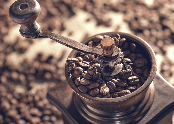 Nobody Greeting Card featuring the photograph Coffee Beans And Grinder #2 by Ktsdesign/science Photo Library