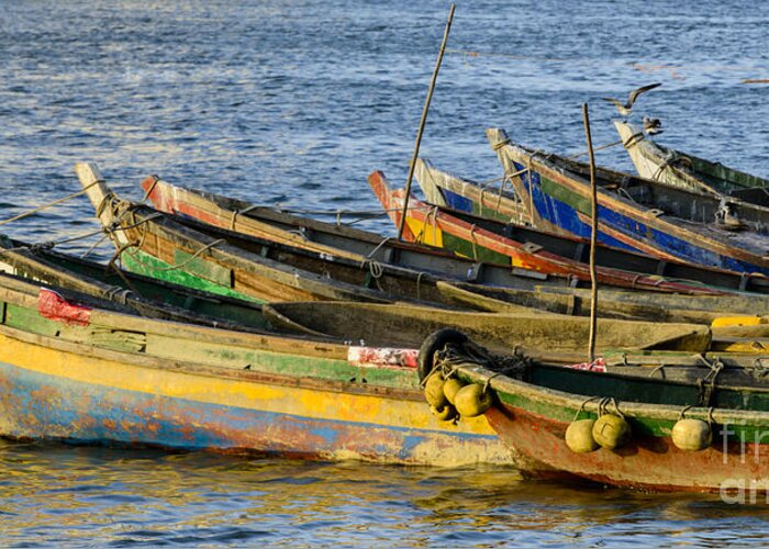 Blue Greeting Card featuring the photograph Colorful fishing boats #2 by Oscar Gutierrez