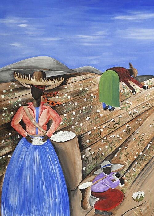 Gullah Art Greeting Card featuring the painting Cotton Pickin' Cotton by Patricia Sabreee