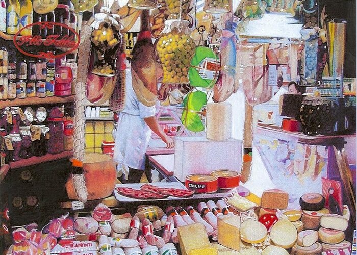 Food Greeting Card featuring the mixed media Deli on the Via Condotti by Constance Drescher