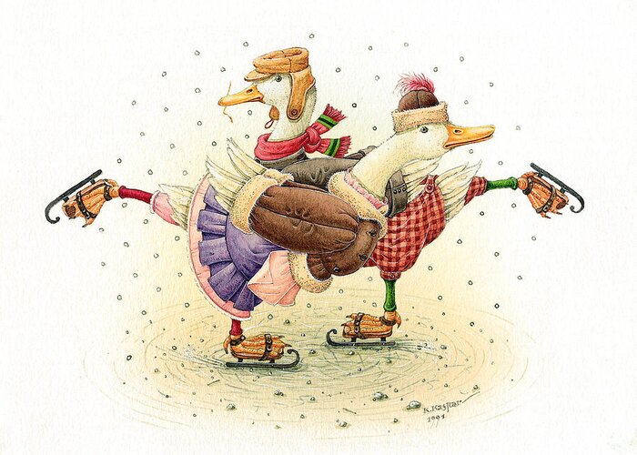 Christmas Greeting Cards Winter Ducks White Holiday Ice Greeting Card featuring the painting Ducks Christmas #3 by Kestutis Kasparavicius