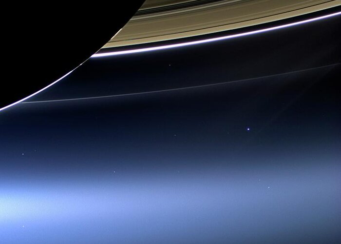 Astronomy Greeting Card featuring the photograph Earth And Moon From Saturn #2 by Nasa