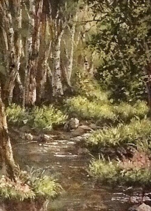 Landscape Greeting Card featuring the painting Forest stream #2 by Megan Walsh