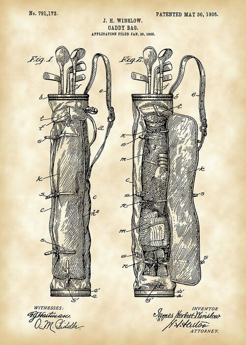 Golf Greeting Card featuring the digital art Golf Bag Patent 1905 - Vintage by Stephen Younts