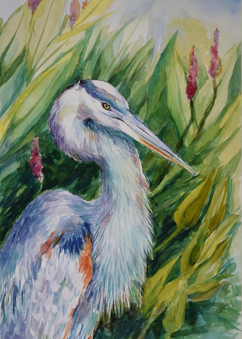 Great Blue Heron Greeting Card featuring the painting Great Blue Heron #1 by Jyotika Shroff