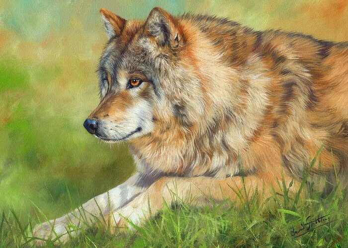Wolf Greeting Card featuring the painting Grey Wolf #1 by David Stribbling