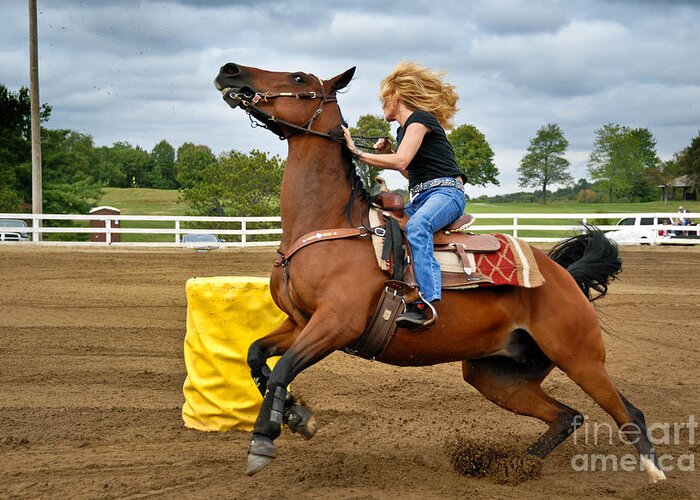 Action Greeting Card featuring the photograph Horse and Rider in Barrel Race #2 by Amy Cicconi