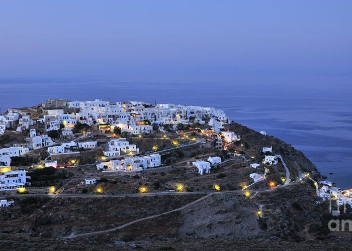Sifnos; Kastro; Castro; Village; Town; Seralia; Beach; White; Houses; Dusk; Twilight; Night; Lights; Greece; Greek; Hellas; Cyclades; Kyklades; Aegean; Islands; Holidays; Vacation; Travel; Trip; Voyage; Journey; Tourism; Touristic; Island; Summer; Sea Greeting Card featuring the photograph Kastro village in Sifnos island #6 by George Atsametakis
