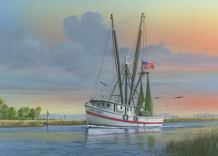 Shrimp Boat Greeting Card featuring the painting Lady Liberty by Mike Brown