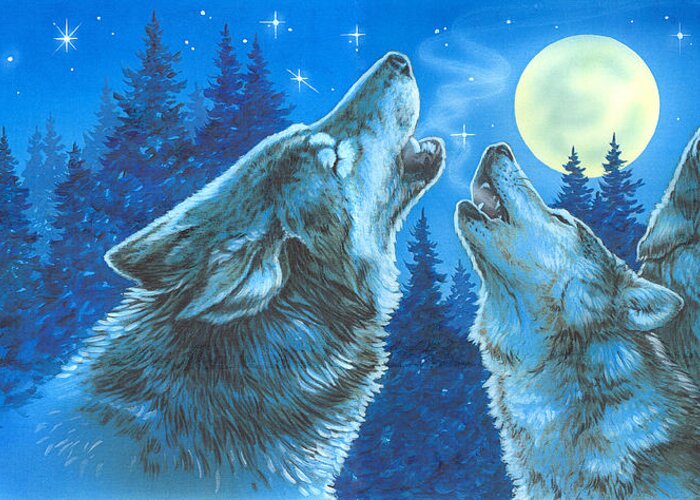 Wolves Greeting Card featuring the painting Moon Song by Richard De Wolfe