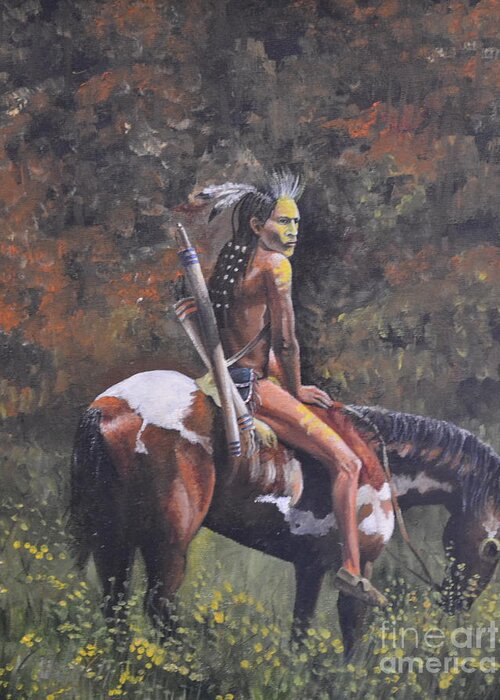 American Indian Sitting On A Painted Pony In The Woods Greeting Card featuring the painting Painted Pony by Martin Schmidt