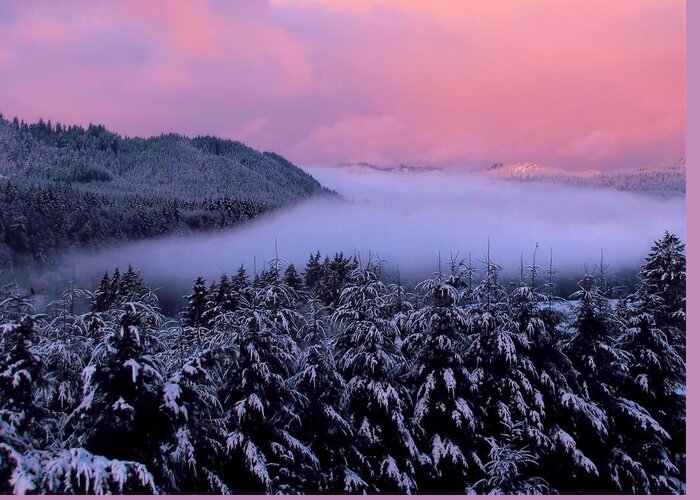 Oregon Greeting Card featuring the photograph Pink Sunrise With Foggy River by KATIE Vigil