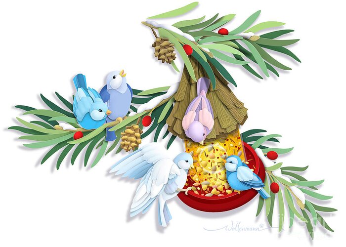 Bird Greeting Card featuring the digital art Snacks For All #2 by Randy Wollenmann