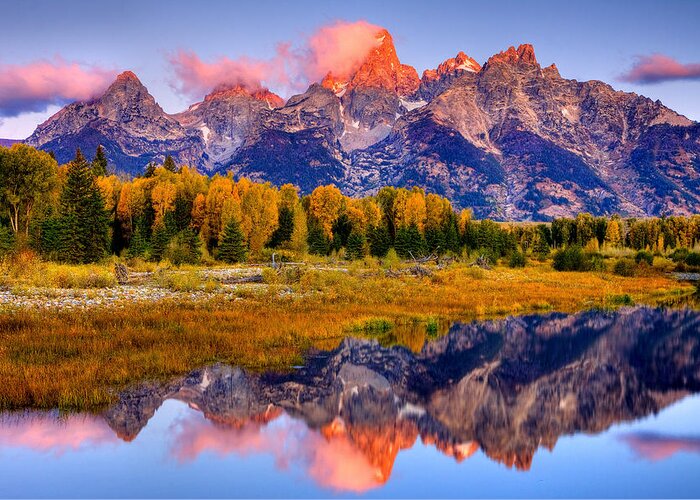 Wyoming Greeting Card featuring the photograph Tetons Reflection by Aaron Whittemore