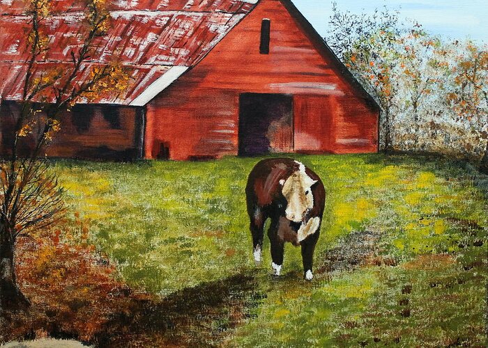 Red Barn Greeting Card featuring the painting The Old Red Barn by Denise Hills