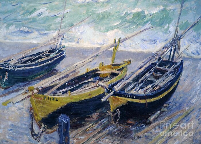 French Greeting Card featuring the painting Three Fishing Boats by Claude Monet
