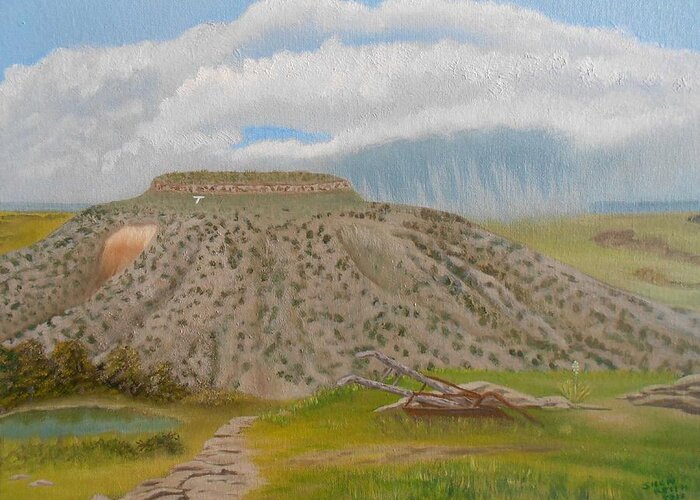 Tucumcari Greeting Card featuring the painting Tucumcari Mountain Reflections on Route 66 by Sheri Keith
