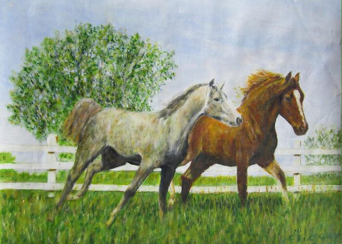 Impressionism Greeting Card featuring the painting Two Horses Running by White Picket Fence by Glenda Crigger