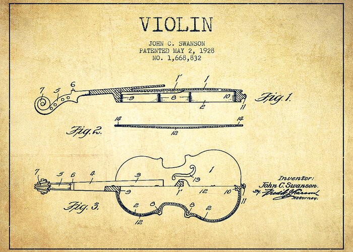 Violin Greeting Card featuring the drawing Violin Patent Drawing From 1928 #1 by Aged Pixel