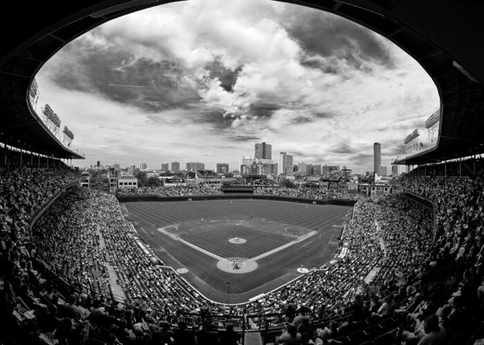 Wrigley Field Greeting Card featuring the photograph Wrigley Field black and white art by Greg Wyatt