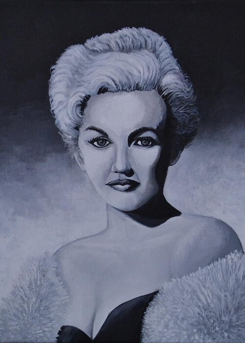 A Black And White Portrait Of A Young Marilyn Monroe. She Is Wearing A Black Dress With A Mink Fur. Greeting Card featuring the painting Young Marilyn Monroe by Martin Schmidt