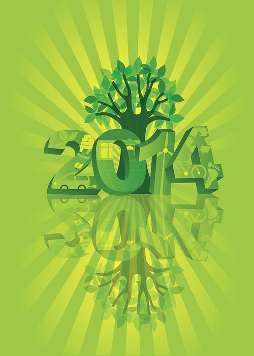 2014 Greeting Card featuring the photograph 2014 Go Green with Symbols and Tree Sunray Background by Jit Lim