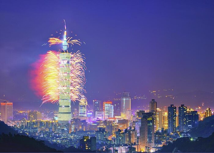Scenics Greeting Card featuring the photograph 2014 Taipei 101 New Years Fireworks Show by Joyoyo Chen