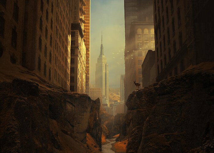 City Ruins Apocalypse Buildings Sun Animal Sunbeams Abandoned Ny Landscape Photomontage Rocks Loneliness Creek Walls Birds Sciencefiction Fantasy Newyork Warm Shadows Nature Architecture Photomontage Photomanipulation Greeting Card featuring the photograph 2146 by Michal Karcz