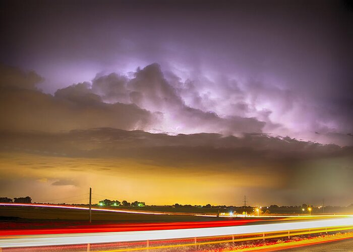 Intra-cloud Greeting Card featuring the photograph 25 to 34 Intra-Cloud Lightning Golden Light Car Trails by James BO Insogna