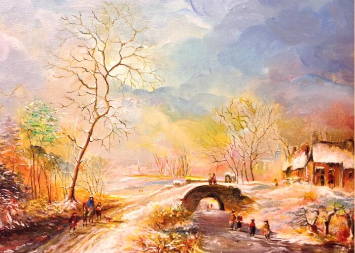 Snowy Day By A Frozen River. Greeting Card featuring the painting Winter landscape #26 by Egidio Graziani