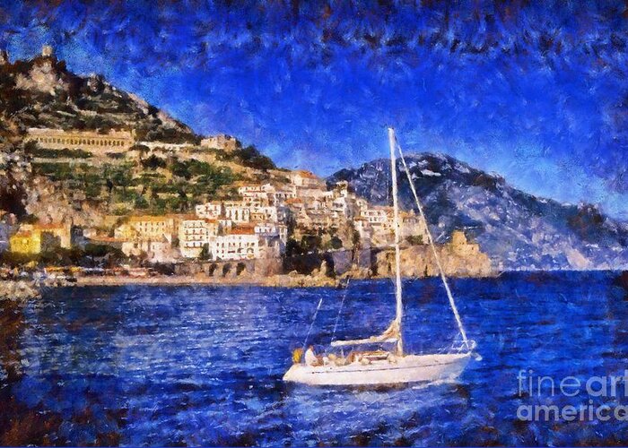 Amalfi Greeting Card featuring the painting Amalfi town in Italy #5 by George Atsametakis