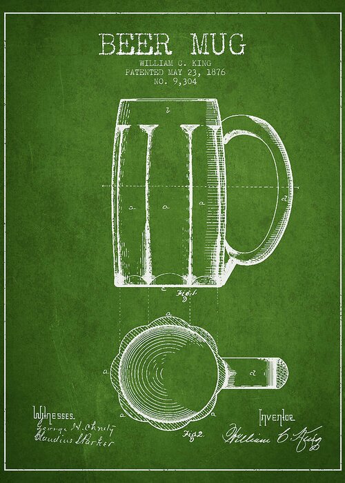 Beer Mug Greeting Card featuring the digital art Beer Mug Patent from 1876 - Green by Aged Pixel