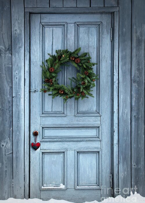 Christmas Greeting Card featuring the photograph Christmas wreath on barn door #3 by Sandra Cunningham
