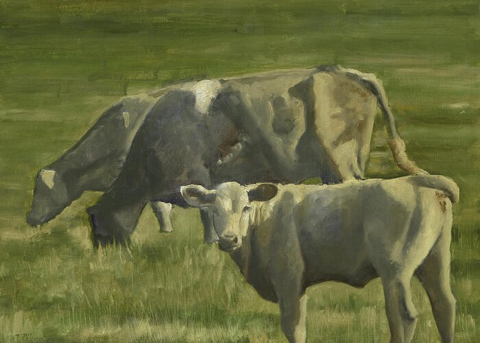 Cows Greeting Card featuring the painting 3 Cows In The Pasture by John Reynolds