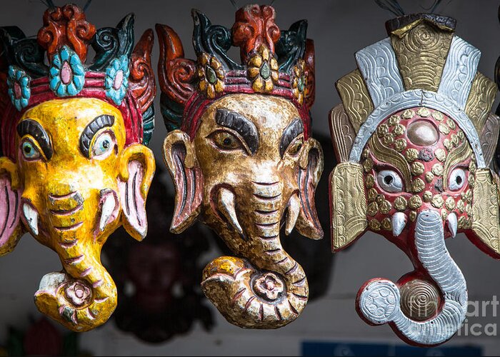 Art Greeting Card featuring the photograph 3 Elephants Nepalese masks by Didier Marti