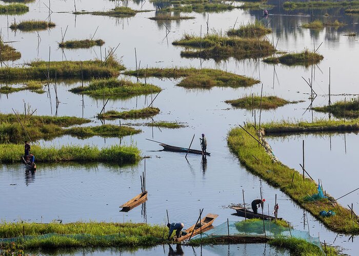 People Greeting Card featuring the photograph Fishing, Loktak Lake, Near Imphal #3 by Peter Adams