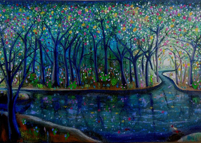 Abstract Greeting Card featuring the painting Glistening Forest Lake by Shirley Smith