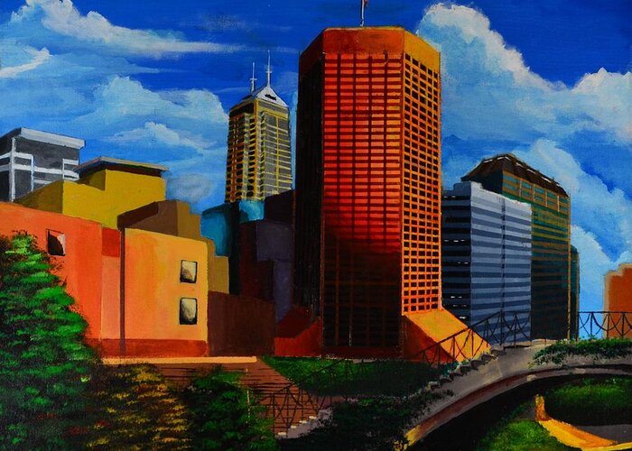 Landscape Greeting Card featuring the painting Indianapolis Cityscape #3 by P Dwain Morris