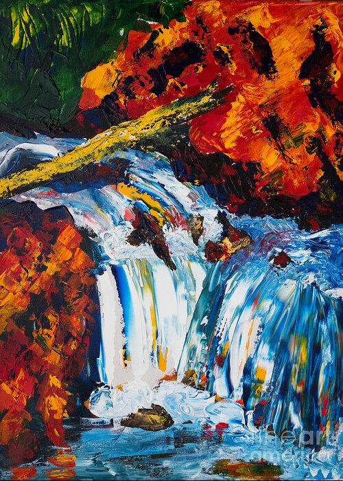 Trees Greeting Card featuring the painting Log and Waterfall by Walt Brodis