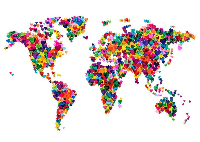 World Map Greeting Card featuring the digital art Love Hearts Map of the World Map by Michael Tompsett
