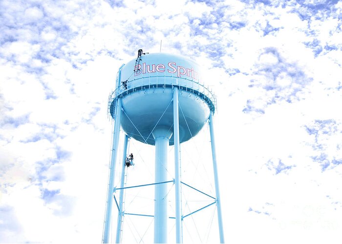 Watertower Greeting Card featuring the photograph 3 Men Painting The Blue Springs Water Tower by Andee Design