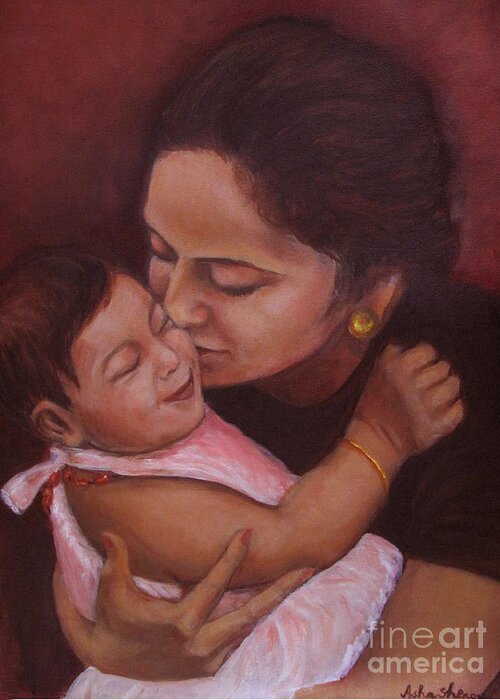 Mother And Child Greeting Card featuring the painting Mother and child #3 by Asha Sudhaker Shenoy