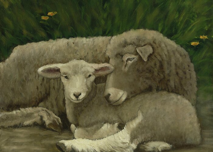 Sheep Greeting Card featuring the painting Mother And Lamb #3 by John Reynolds