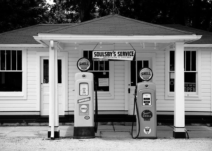 66 Greeting Card featuring the photograph Route 66 - Soulsby Station Pumps 2012 BW by Frank Romeo